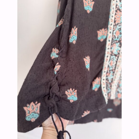 Free People Bandana Bandit Embroidered Peasant Top Size 6 Black Boho Festival - Picture 9 of 15